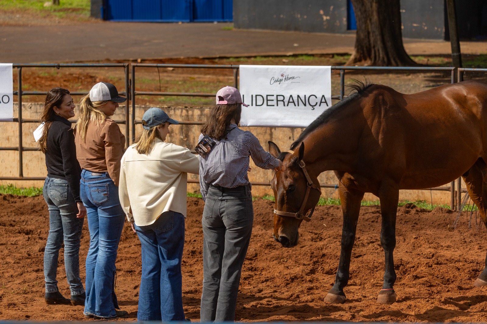 Participantes em frente à placa de liderança e cavalo
