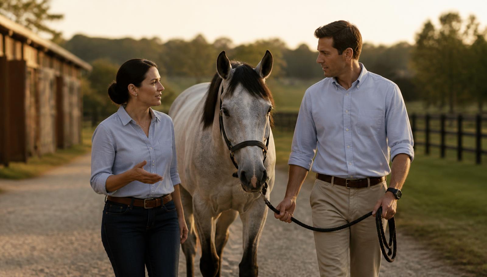 Duas pessoas de camisa conversando enquanto caminham ao lado de um cavalo