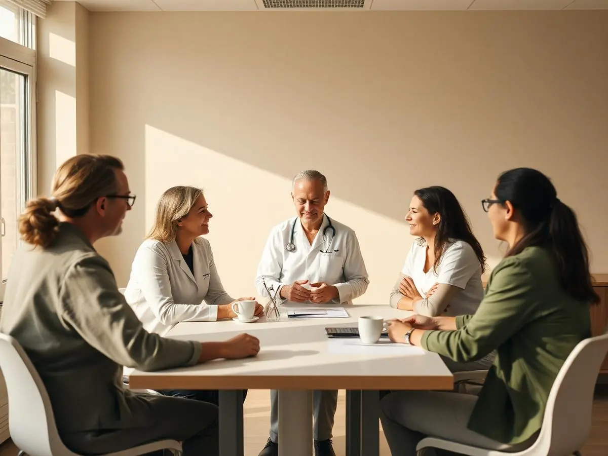 Reunião de equipe de uma clínica conduzida ao redor de uma mesa