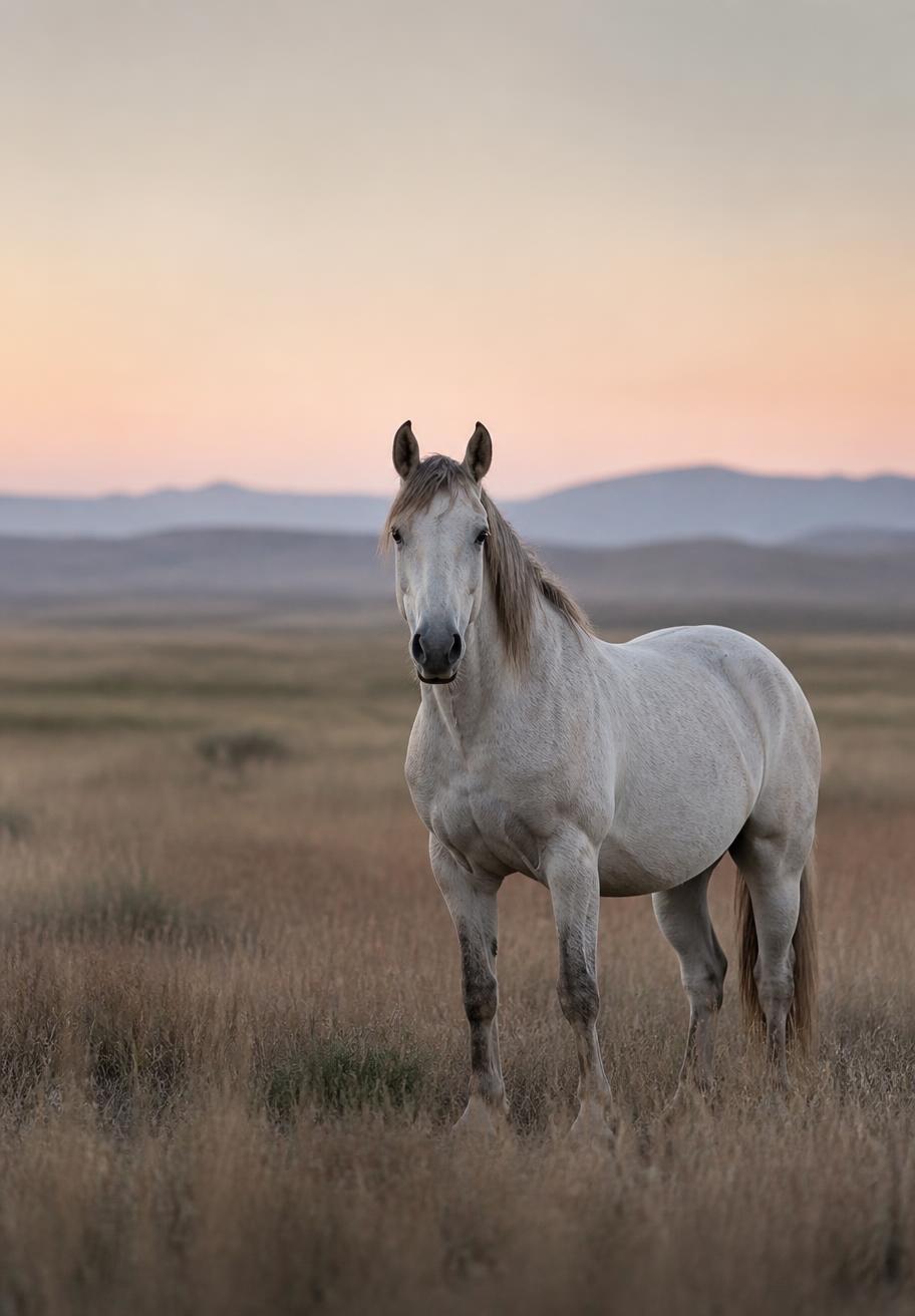 Cavalo em pé, livre em campo aberto, no fim da tarde